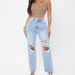 Women's Clothing Street Fashion Straight Trousers High Waist Washed Worn Jeans_mkmklike.com