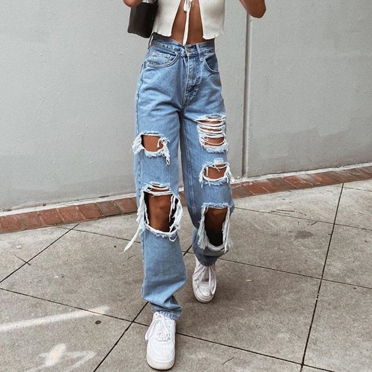 Women's Clothing Ripped Jeans Straight Leg Loose Jeans_mkmklike.com