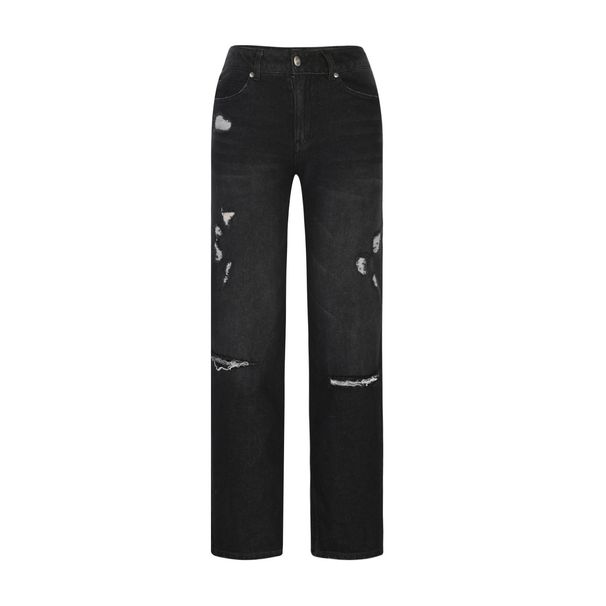 K Ladies' Denim Pants Trend Distressed Mid Waist Ripped Casual Straight Leg Pants_mkmklike.com