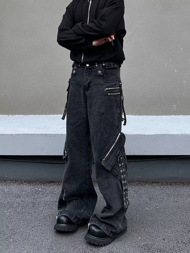 Unisex Vintage Cargo Jeans With Adjustable Belt & Multi-Pockets – Distressed Washed Denim Pants For Streetwear & Workwear Style_mkmklike.com