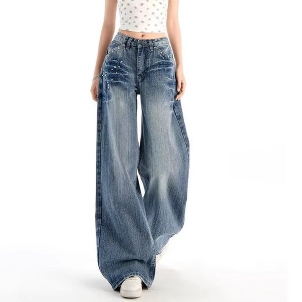 Women's Retro Studded High-Waisted Wide Leg Jeans Casual Cotton Denim Spring/Autumn Style Relaxed Straight Leg Unique Design_mkmklike.com