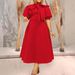 Women's Clothing fashion puff sleeves bow big skirt mid length dress_mkmklike.com