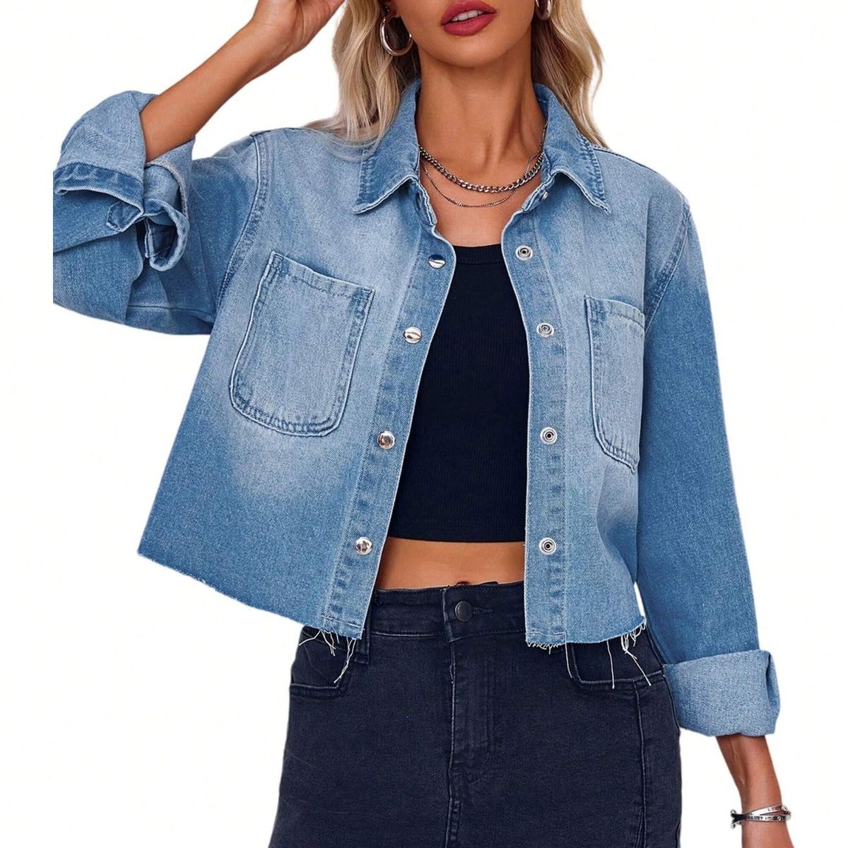 Women's Clothing Versatile Lapel Wide Denim Loose Shirt Long Sleeve Pocket Women's Shirt_mkmklike.com