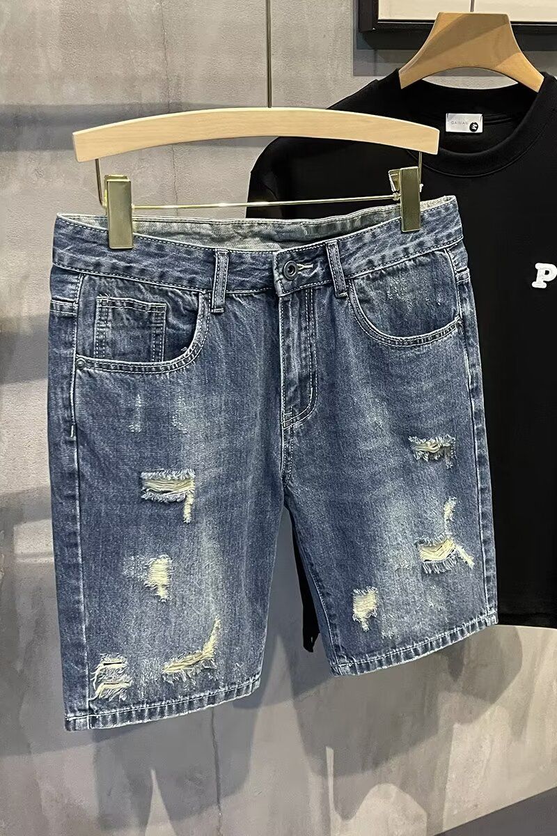 Men's Clothing Summer Straight Washed Shorts Retro Ripped Denim Shorts Mid Length Pants Popular Pants_mkmklike.com