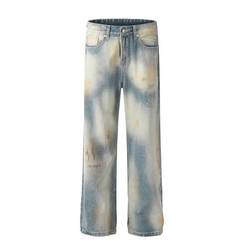 Men's Clothing High Street Tie Dyed Gradient Washed Jeans For Men And Women Retro Vibe Dirty Dyed Loose Straight Flared Wide Leg Pants_mkmklike.com