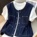 Vintage Denim Vest For Women, Casual Sleeveless Jacket With Button Front, Lightweight Summer Layering Piece, Slim Fit Waistcoat In Dark Blue_mkmklike.com
