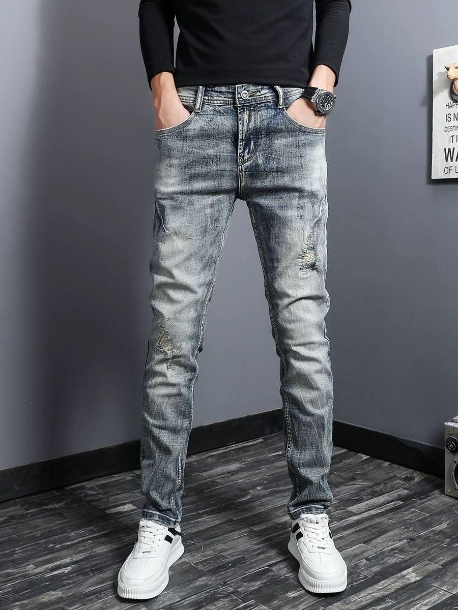 Men's Trendy Slim Fit Jeans Stretchy Casual Trousers Style Distressed Details And Whiskers_mkmklike.com