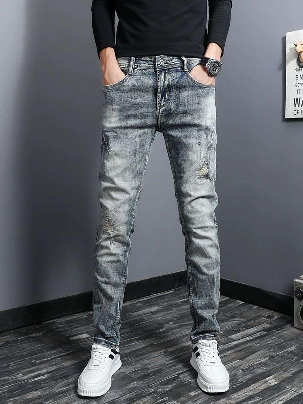 Men's Trendy Slim Fit Jeans Stretchy Casual Trousers Style Distressed Details And Whiskers_mkmklike.com