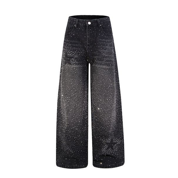 Retro Style Full Rhinestones Heavy Duty Wide Leg Jeans Loose Straight Leg Floor Length Pants For Men And Women Versatile_mkmklike.com