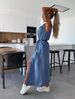 K New Sleeveless Long Lace Up Waist Cinching Single Breasted Denim Dress. No Accessories_mkmklike.com