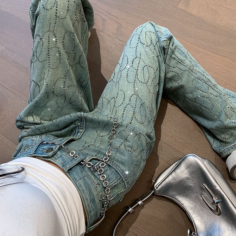 Women’s Clothing spring and summer new luxury gradient rhinestones starry straight jeans narrow leg pants_mkmklike.com