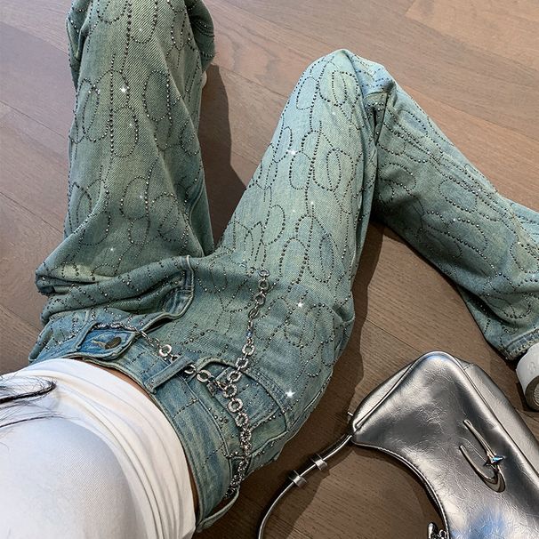 Women’s Clothing spring and summer new luxury gradient rhinestones starry straight jeans narrow leg pants_mkmklike.com