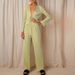 Women's fashion sexy deep V cardigan long sleeve pajamas two-piece set_mkmklike.com