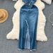 Women's Clothing Retro Denim Skirt Design Raw Edge Slit Slim Fit Medium And Long Suspender Dress Women's Summer Wear_mkmklike.com
