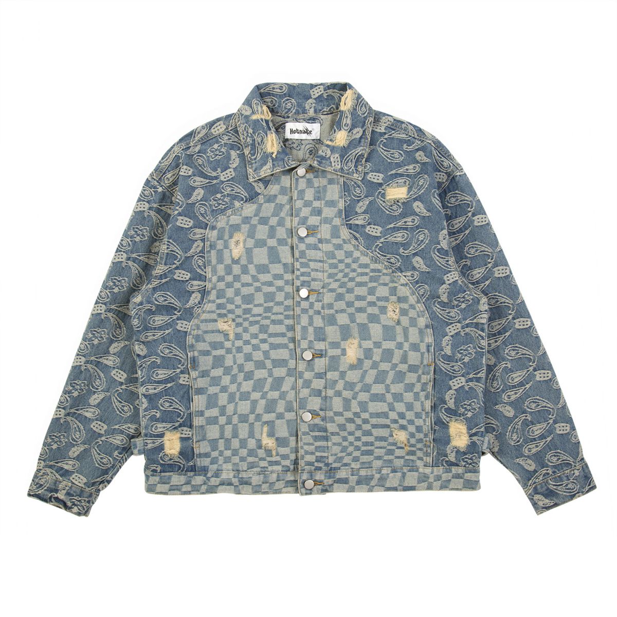 Men's Clothing Unisex Vintage Denim Jacket – Oversized Patchwork Design With Jacquard Collar_mkmklike.com