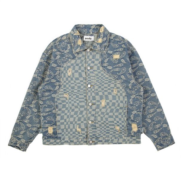 Men's Clothing Unisex Vintage Denim Jacket – Oversized Patchwork Design With Jacquard Collar_mkmklike.com