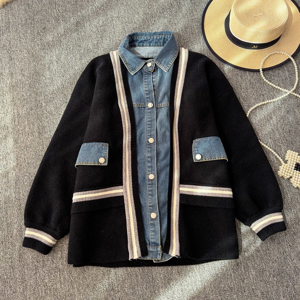 Women's Clothing Denim splicing two piece cardigan sweater jacket _mkmklike.com