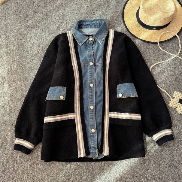 Women's Clothing Denim splicing two piece cardigan sweater jacket _mkmklike.com