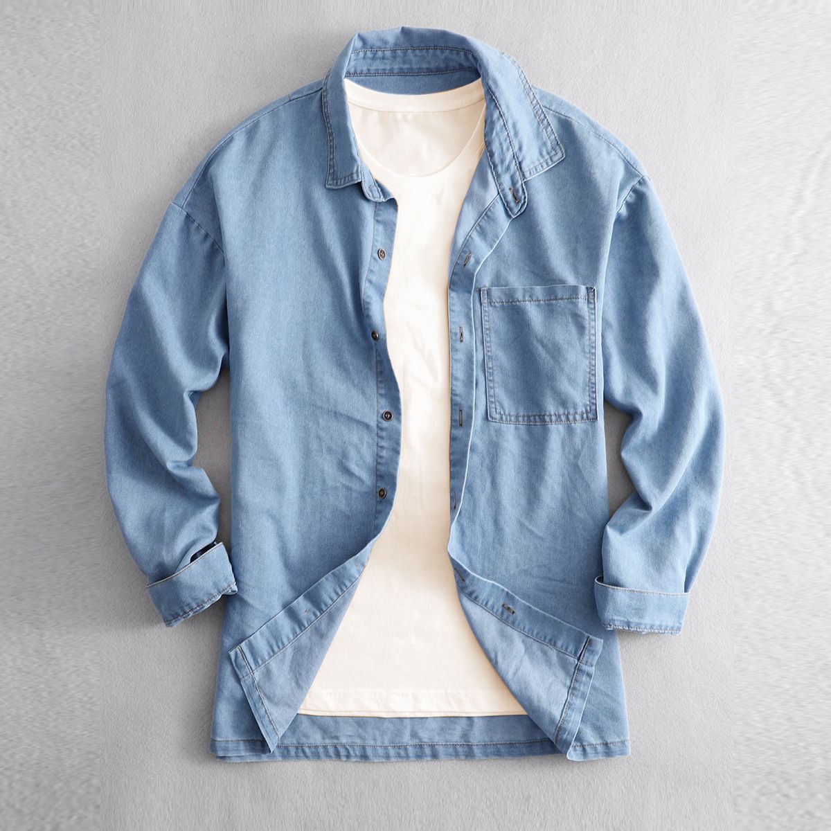 Retro Denim Shirt For Men - Vintage Washed Cotton Oversized Open Front Shirt, Casual Long Sleeve Button-Down With Chest Pocket_mkmklike.com