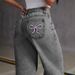 Cross-Border SHEIN Bowknot Embroidered Jeans For Women Sweet And Spicy Style High Waist Straight Loose Long Pants_mkmklike.com