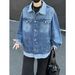 Unisex Trendy Faux Plaid Patchwork Denim Jacket Autumn American Style Two Piece Workwear Casual Streetwear Polyester Slight Stretch_mkmklike.com