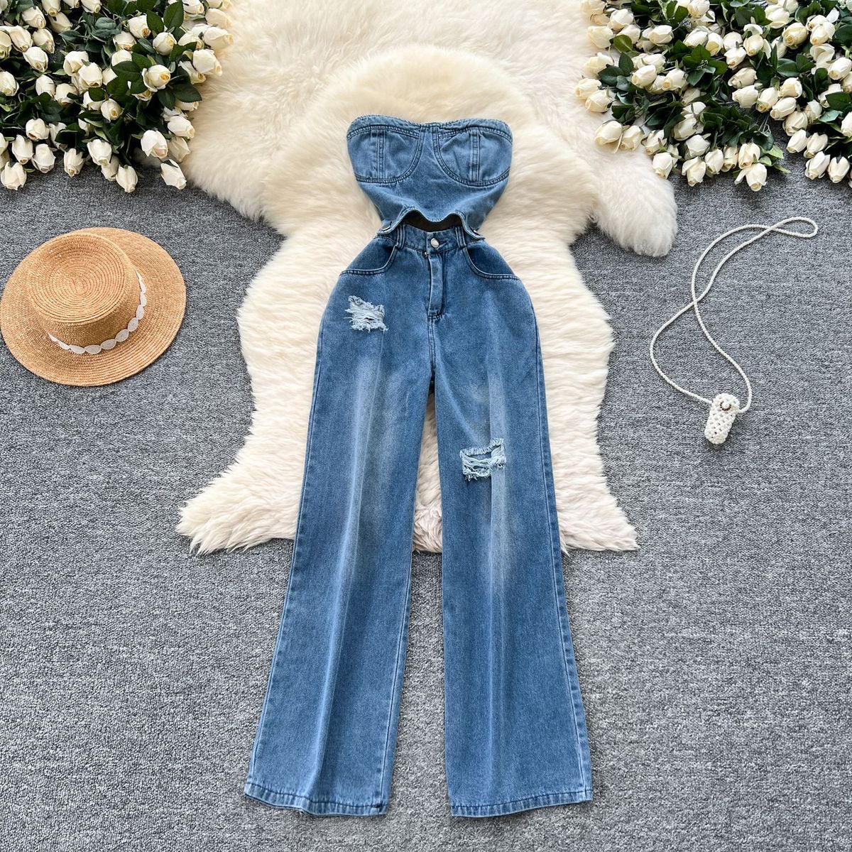 Women's Clothing Chic Internet Celebrity New Design Sense Hollow Sleeveless High Waist Slimming Hole Casual Denim Jumpsuit_mkmklike.com