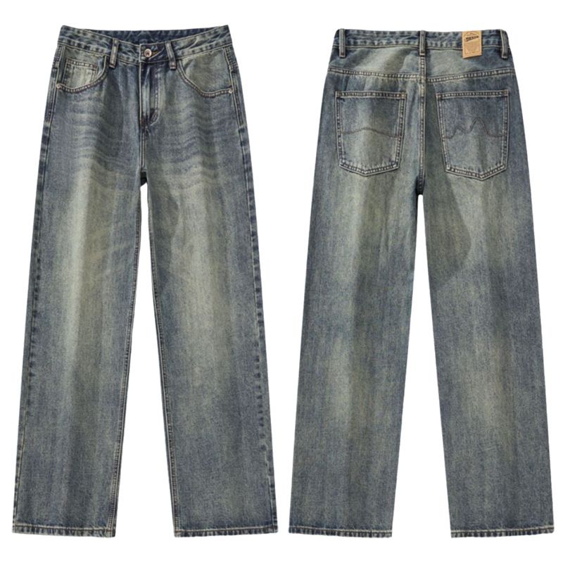 Men's Clothing Autumn New Style Washed Distressed Jeans Men's Retro Loose Floor Length Straight Leg Pants_mkmklike.com
