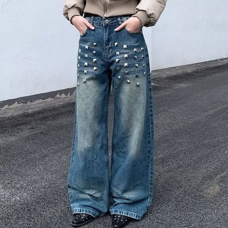 Unisex Heavy-Duty Studded Jeans – Retro Patchwork Design With Loose Straight Fit For Men & Women (S-3XL, Distressed Blue Wash)_mkmklike.com