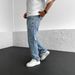 Men's Slim Fit Light Blue Jeans With Letter Embroidery, Straight Leg, Stretch Denim, Casual & Trendy Pants_mkmklike.com