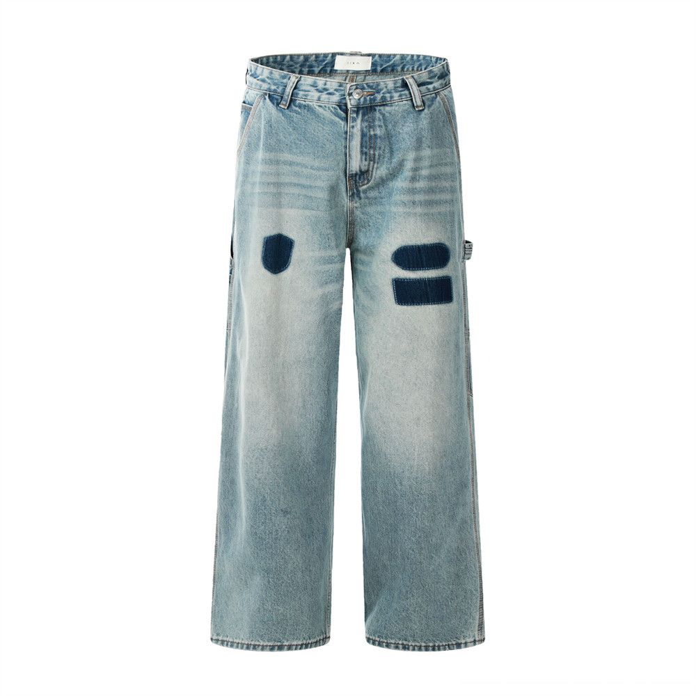 Washed Vintage Color Block Jeans For Men American Street Style Casual Design Loose Wide-Leg Pants_mkmklike.com