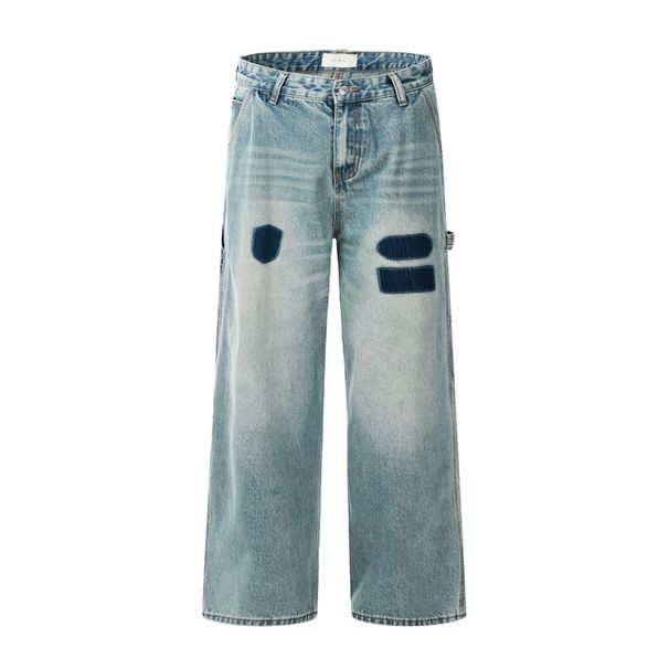 Washed Vintage Color Block Jeans For Men American Street Style Casual Design Loose Wide-Leg Pants_mkmklike.com