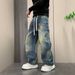 Men's Retro Hand Painted Straight Leg Jeans Washed Denim Spring Summer Trendy Casual Wide Leg Pants Loose Fitting_mkmklike.com