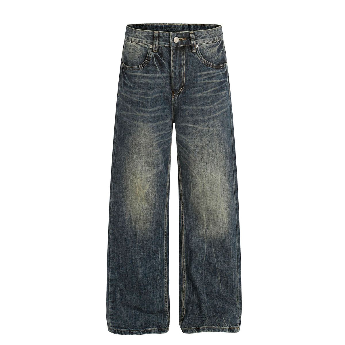 Men's High Street Vintage Blue Washed Relaxed Fit Jeans With Cat Whisker Design- Comfortable Cotton Blend Straight Leg Denim Pants For Casual Wear_mkmklike.com