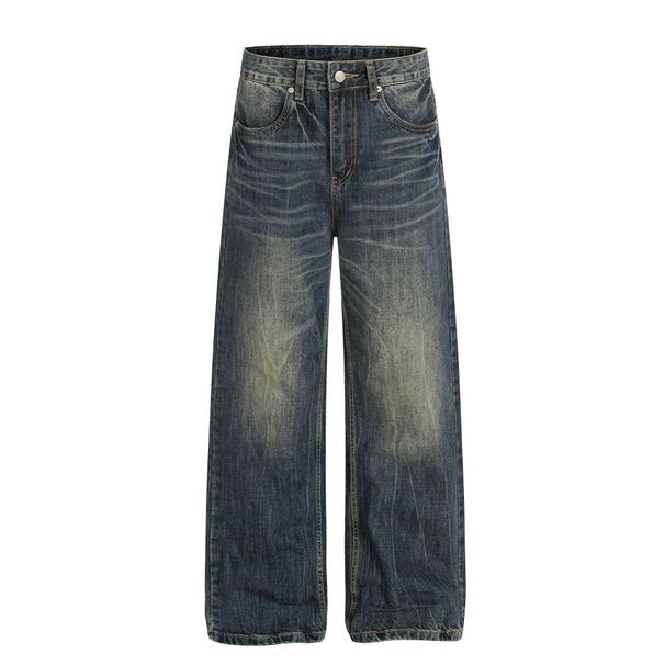 Men's High Street Vintage Blue Washed Relaxed Fit Jeans With Cat Whisker Design- Comfortable Cotton Blend Straight Leg Denim Pants For Casual Wear_mkmklike.com