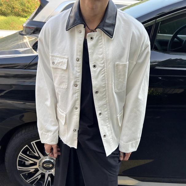 Europe Station 25Bc Pure Original Autumn New Style Leather Collar Patchwork Loose Unisex Jacket Men's Casual Coat_mkmklike.com