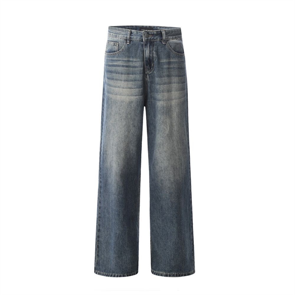 Washed Vintage Denim Punk Street Style Loose Casual Straight Men's Versatile Cargo Dad Pants_mkmklike.com