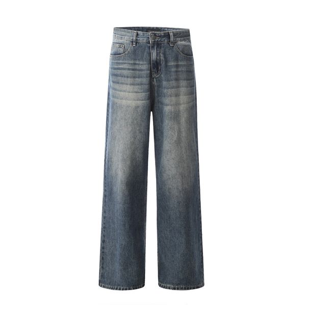 Washed Vintage Denim Punk Street Style Loose Casual Straight Men's Versatile Cargo Dad Pants_mkmklike.com