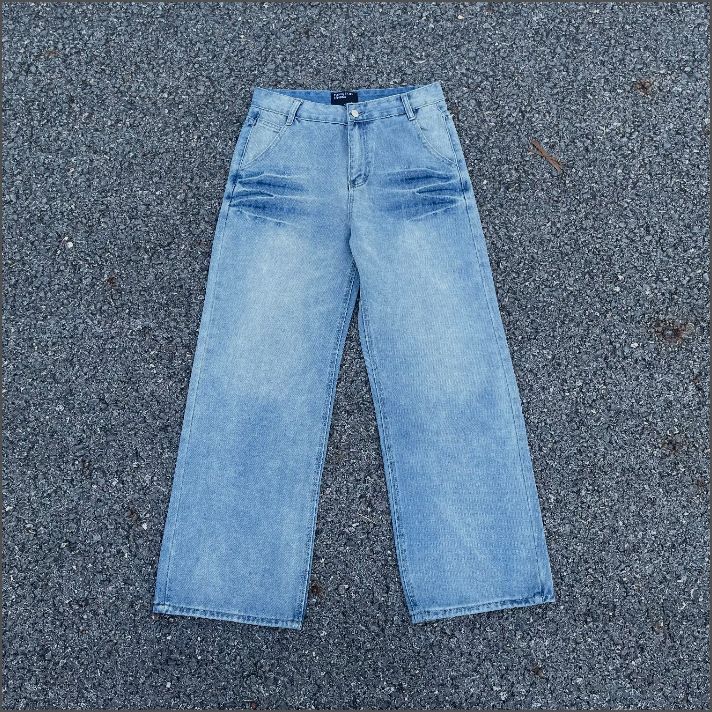 Vintage Spray-Dyed Dirty Logging Destroyed Knife Cut Unisex Washed Denim Pants_mkmklike.com