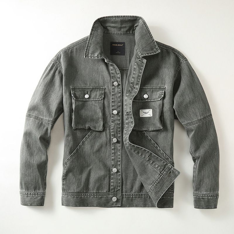 2025 Spring Trendy American Denim Flip Collar Jacket Men's Pique Handsome Work Clothes Pure Cotton_mkmklike.com