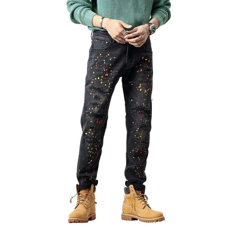 Men's Stretch Slim Fit Straight Leg Jeans With Retro Distressed Patchwork Design, Comfortable Cotton Denim For Casual Wear_mkmklike.com