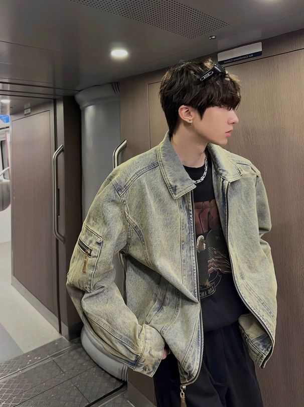 Men's Clothing Distressed Washed Jacket Handsome Denim Jacket Lapel Top_mkmklike.com