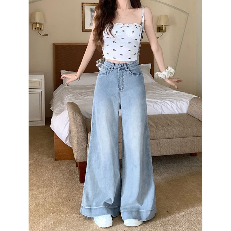 Women's Clothing High Waist Wide Leg Jeans - Stretchy Retro Blue Flared Trousers With Vintage Wash & Floor-Length Design_mkmklike.com
