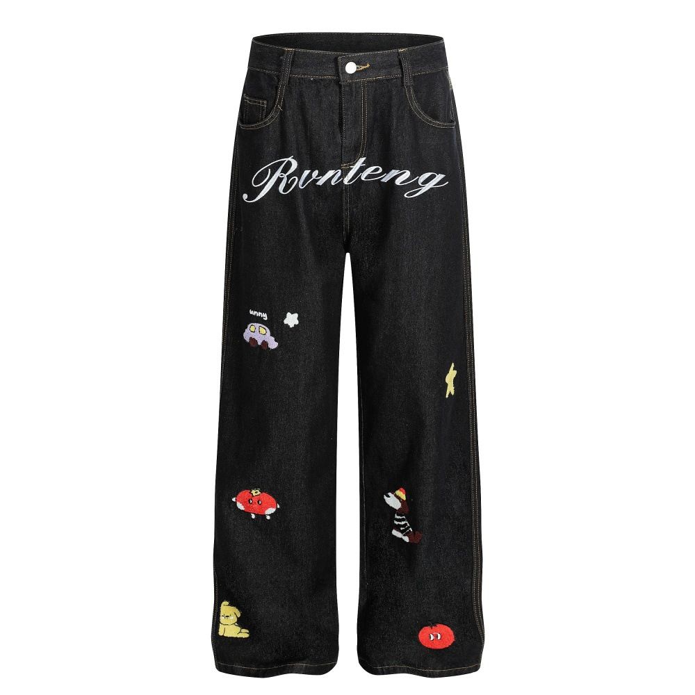 Fun Cartoon Embroidered Loose Jeans For Men Trendy Design Niche Hip-Hop Vintage Washed Straight Long Pants_mkmklike.com