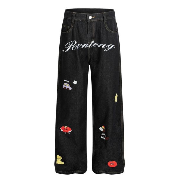 Fun Cartoon Embroidered Loose Jeans For Men Trendy Design Niche Hip-Hop Vintage Washed Straight Long Pants_mkmklike.com