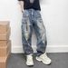 Men's Clothing Men's Heavy Style Distressed Zipper Wide Leg Jeans Multi Pocket Loose Straight Leg Drape Motorcycle Niche For Formal & Casual_mkmklike.com