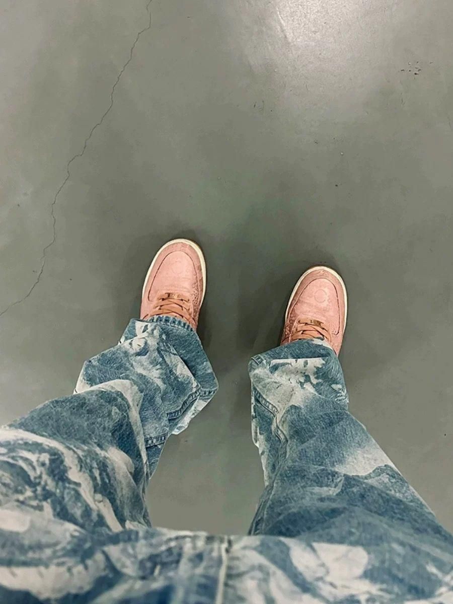 Vintage Washed Denim Jeans With Tribal Print - High Waist Straight Leg Hip Hop Streetwear Pants For Men & Women_mkmklike.com