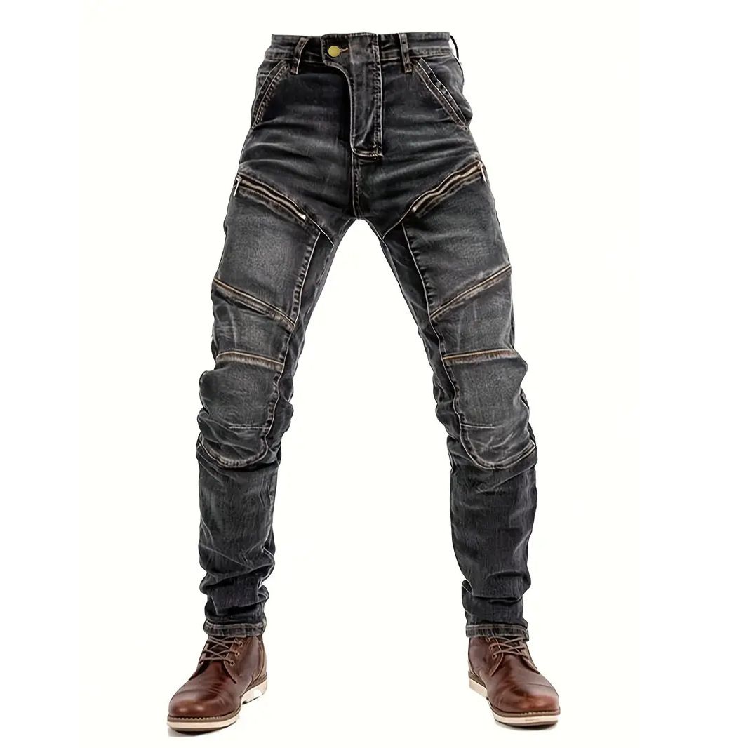Denim Men's Slim Fake Zipper Splicing Black Jeans Motorcycle Retro Locomotive Riding Denim Men's Pants_mkmklike.com