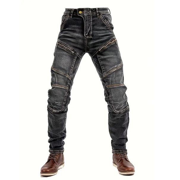 Denim Men's Slim Fake Zipper Splicing Black Jeans Motorcycle Retro Locomotive Riding Denim Men's Pants_mkmklike.com
