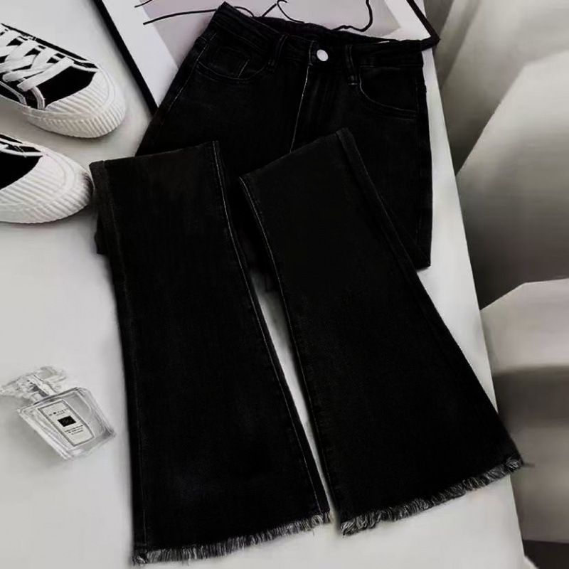 Retro Blue Frayed Flare Jeans High Waist Slimming Petite Elastic Pants for Women Flash Sale_mkmklike.com