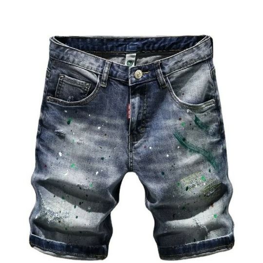 Ink Splash Hole Denim Shorts Men's Trendy Brand Slim Fit Skinny Summer Thin Five Point Mid Length Pants_mkmklike.com